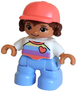LEGO Minifigur Duplo Figure Lego Ville, Child Girl, Bright Light Blue Legs, White Top with Stripes and Heart, Reddish Brown Hair, Coral Cap (6376729)