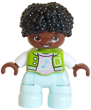 LEGO Minifigur Duplo Figure Lego Ville, Child Boy, Light Aqua Legs, Lime Jacket over Bright Pink Shirt, White Letter B Outline, Buttons and Stripes, Bright Light Blue Music Note Pattern, Black Hair (6491580)