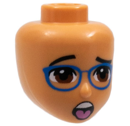 LEGO Minifigure Heads (Friends) - Red-brown eyes, blue glasses and open mouth with tongue (Medium Nougat)