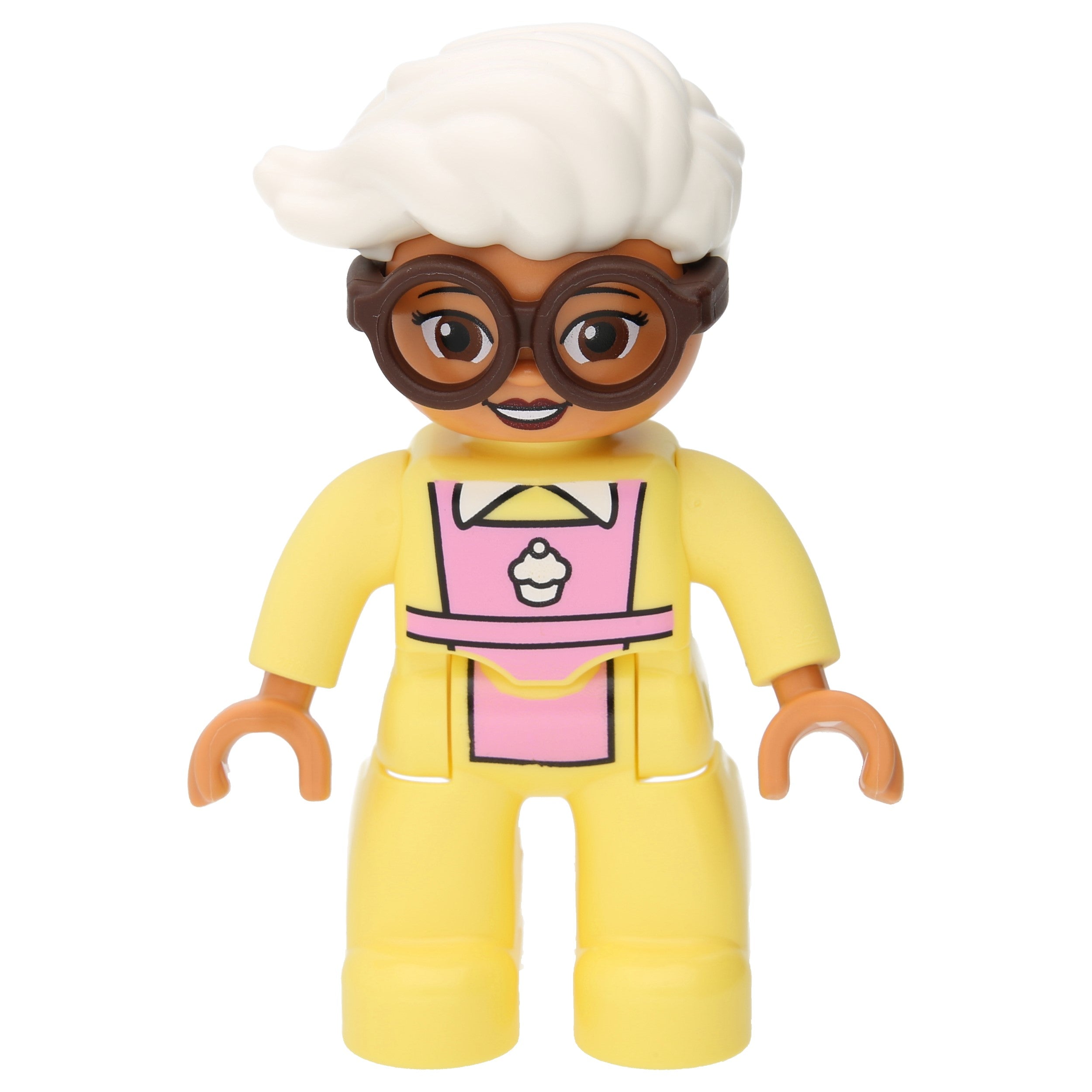 LEGO Duplo figures - woman with pale yellow suit and dark brown glasses