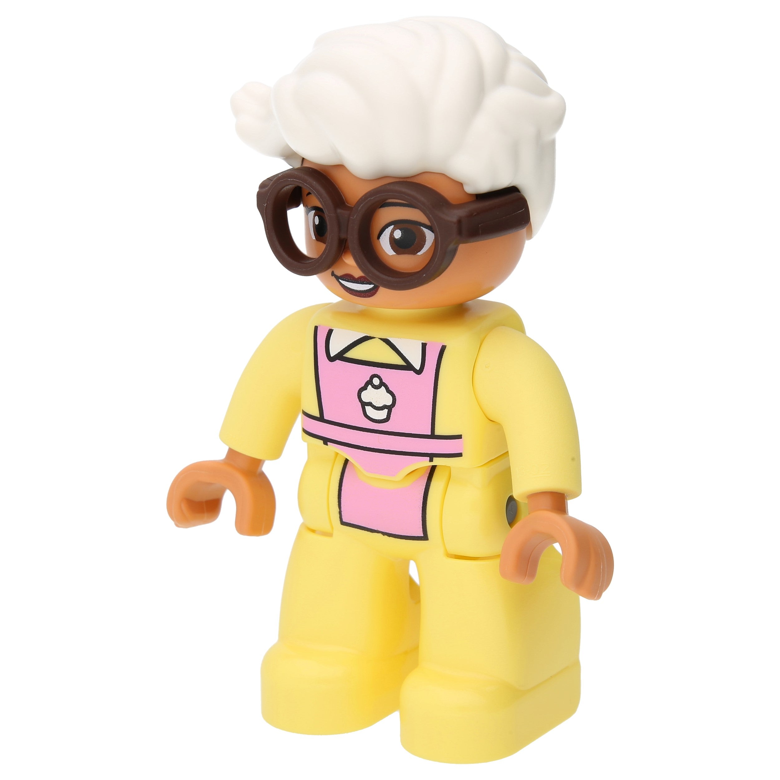 LEGO Duplo figures - woman with pale yellow suit and dark brown glasses