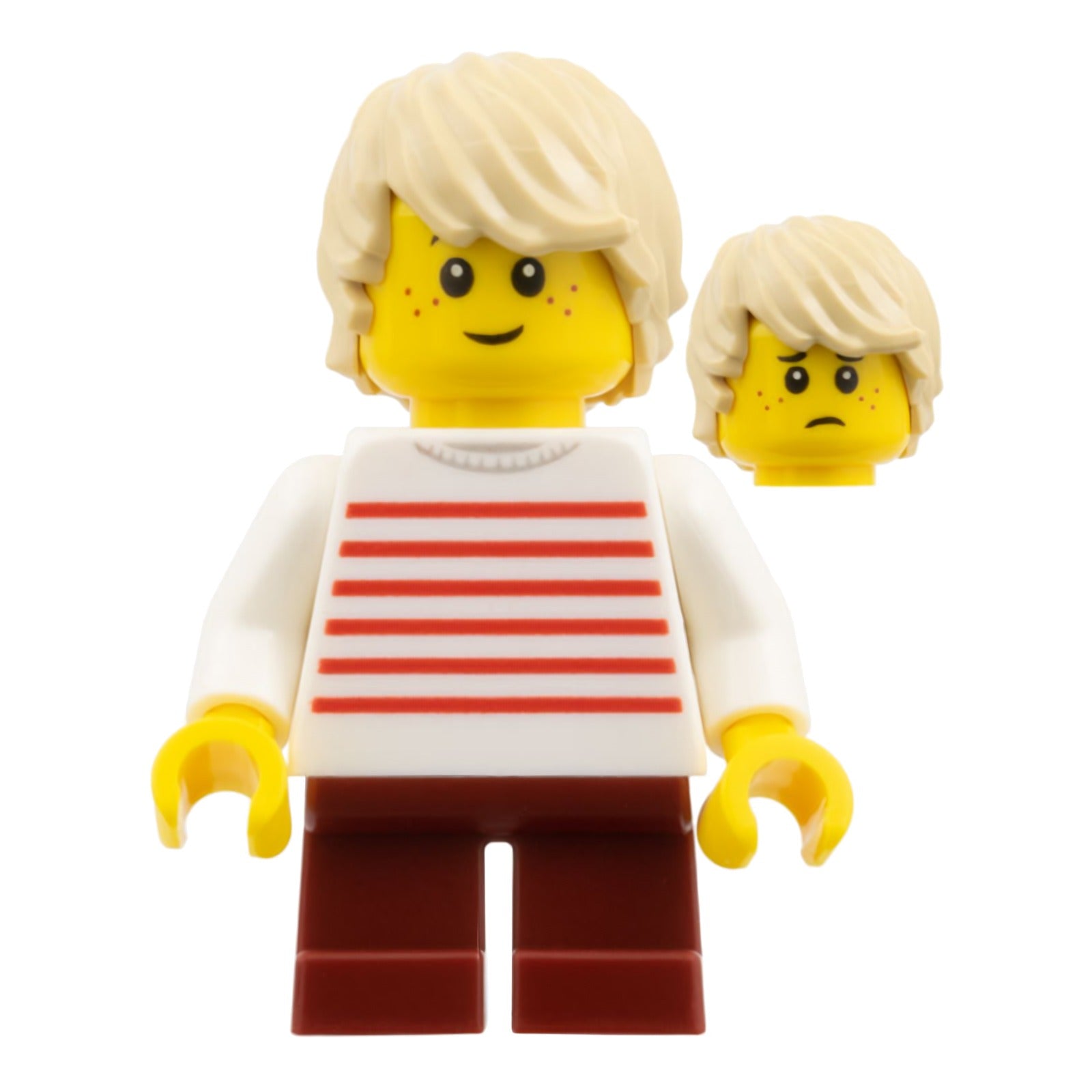 LEGO Minifigur Boy - Tan Hair, Red Stripes Shirt, Dark Red Legs (fst053) – neu