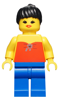 LEGO Minifigur Red Halter Top - Blue Legs, Black Ponytail Hair, Open Mouth (par050)